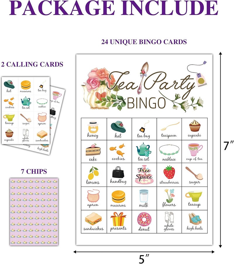 Disfuco Tea Party Bingo Cards, Tea Bridal Party Games Bingo Cards, School Party, Birthday, Garden Tea Party Favors Supplies Decorations, 24 Players Bingo Game (A02) - Image 2
